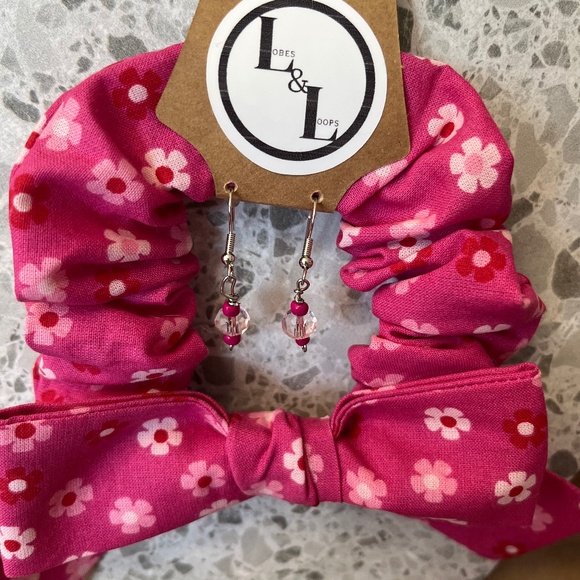 Pink Coquette Girl Scrunchie Bow with matching Earrings - Picture 8 of 8